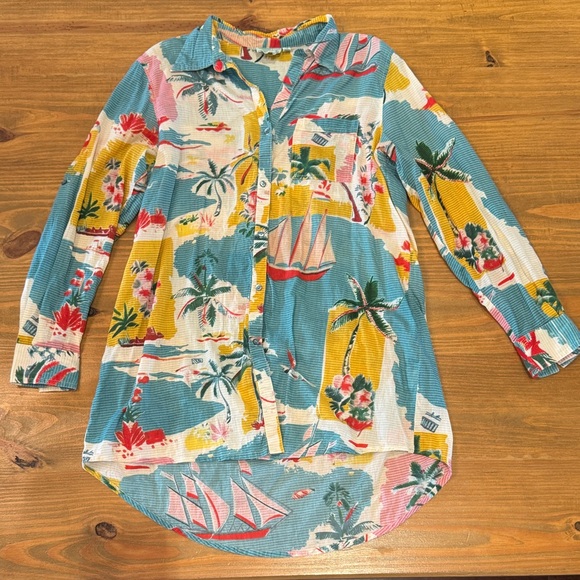 True Destinations Other - Women’s Blue Tropical Print Swim Coverup Shirt